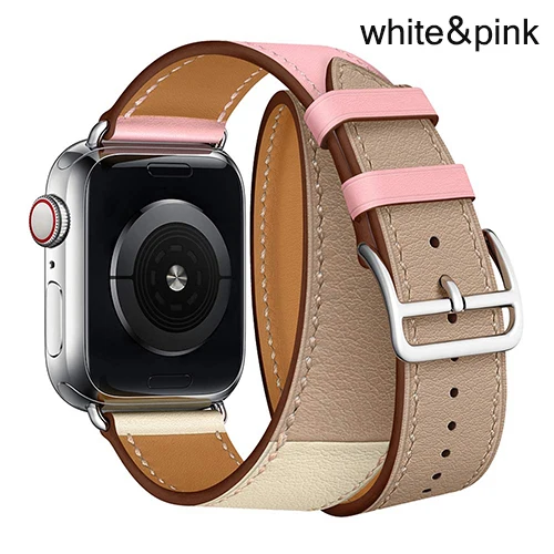 Кожаный браслет с двойными кругами для Apple Watch 1, 2, 3, 42 мм, 38 мм, ремешок для Iwatch Series 5, 4, 40, 44 мм - Цвет ремешка: pink-brown-white
