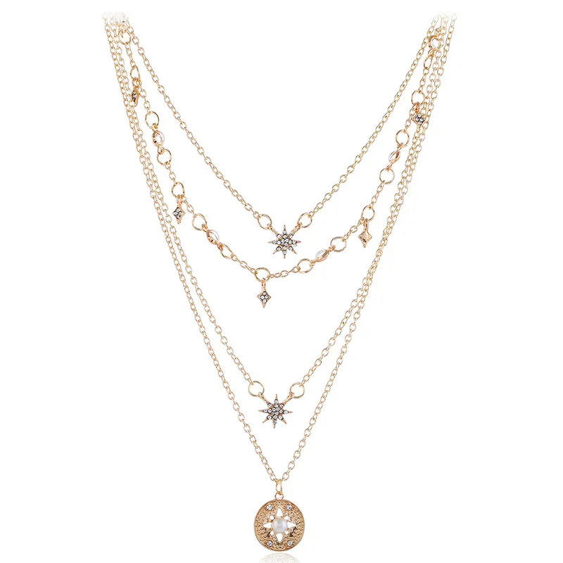 2019 Fashion Star Round Pendant Women Multi-Layer Necklace Rhinestone Crystal Necklaces Charm Trendy Jewelry Christmas Gift | Украшения и