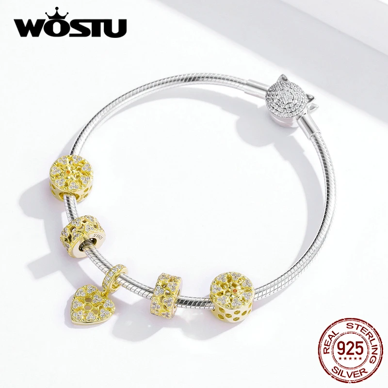 WOSTU Настоящее серебро 925 пробы Золотая Пчела соты бусины циркониевые амулеты