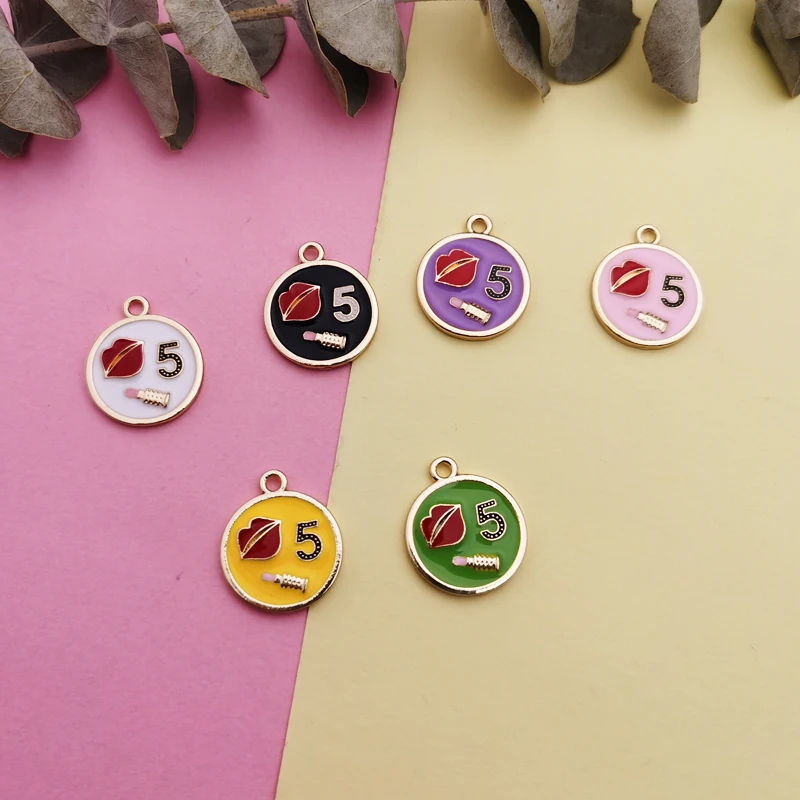 

10pcs Lipstick Number 5 Enamel Charms Oil Drop Round Shape Metal Charm Pendants For Jewelry DIY Bracelet Earrings Accessories