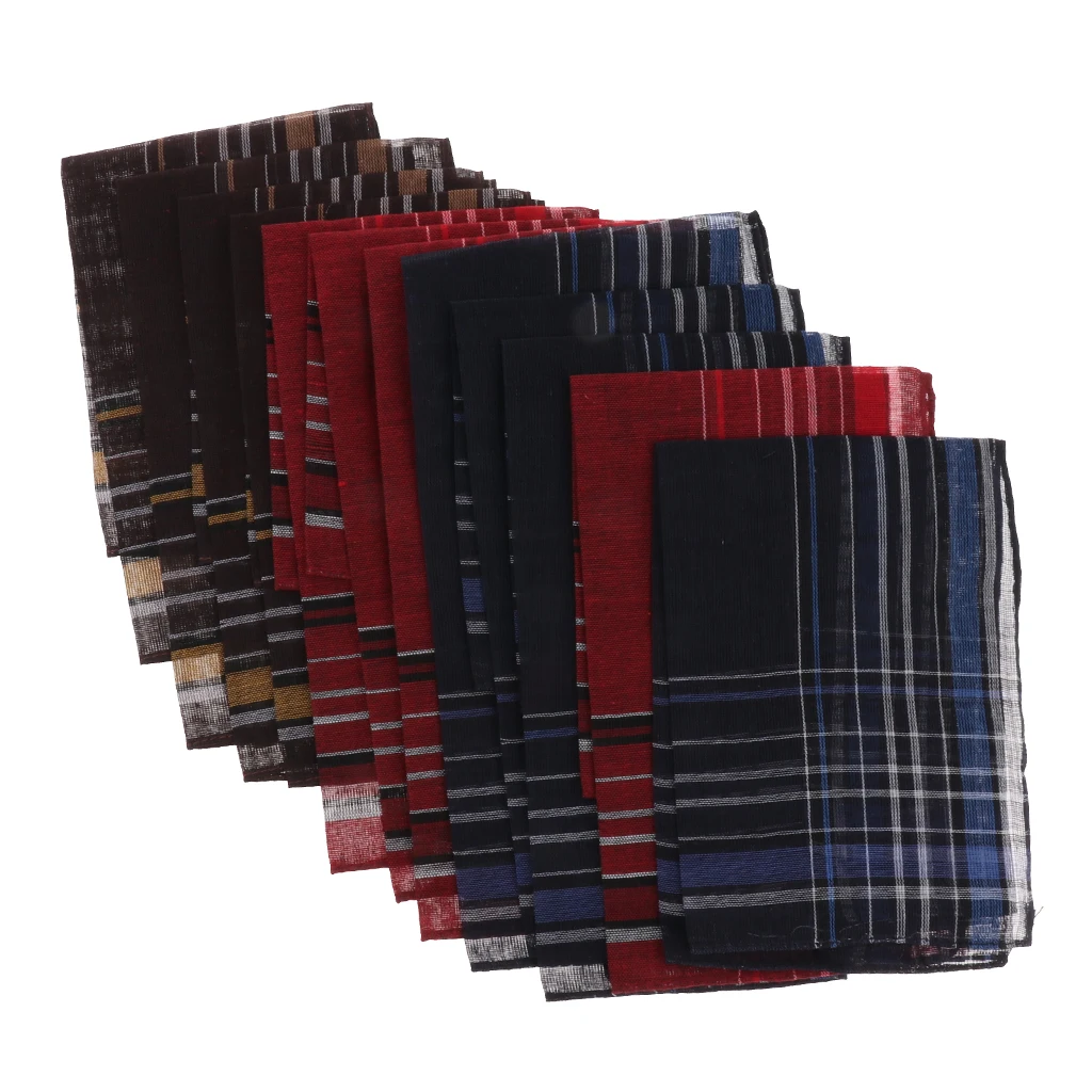 12Pcs Men Vintage Soft Cotton Pocket Square dark color plaid Classic Check Hankies Kerchief