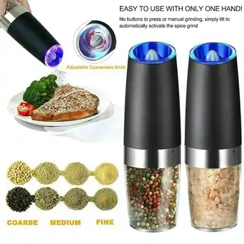 

NEW Gravity Electric Salt and Pepper Grinder Set of 2 Battery Powered Salt Shakers Automatic One Hand Pepper Mills with LED