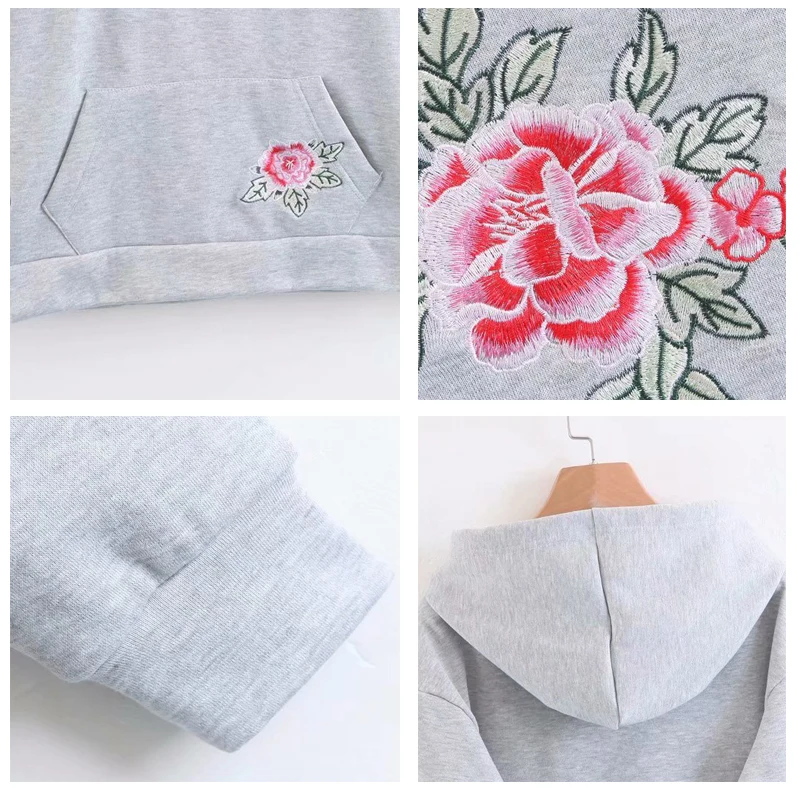 ROHOPO женский Elbroidery цветочный однотонный винтажный пуловер толстовки серый черный с капюшоном Sodt хлопок Толстовка#2118