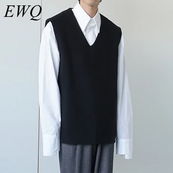 

EWQ / men's wear Spring new Concise Woolen Vest V collar Solid Color Sleeveless Loose waistcoat for Men And Women Tide 9Y1185