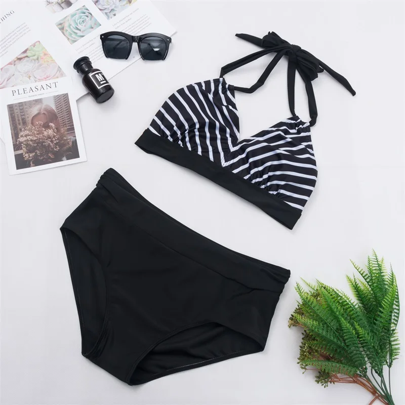 2020 Stripe Woman Plus Size Swimsuit Separate Women's Backless Deep V Bathing Suit Big Swimming Bather Female Bandage Swimwear