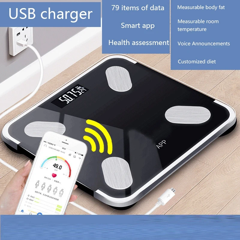 

Black Rechargeable Bluetooth APP Android IOS Smart Human Body Electronic Scale Grease Meter Measure Room Temperature Setting Die