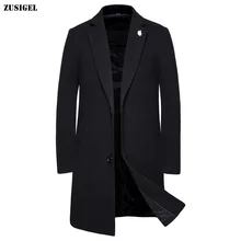 ZUSIGEL черный Тренч Для мужчин Slim Fit Однобортный Тренч Homme Простые Модные осеннее пальто Для мужчин