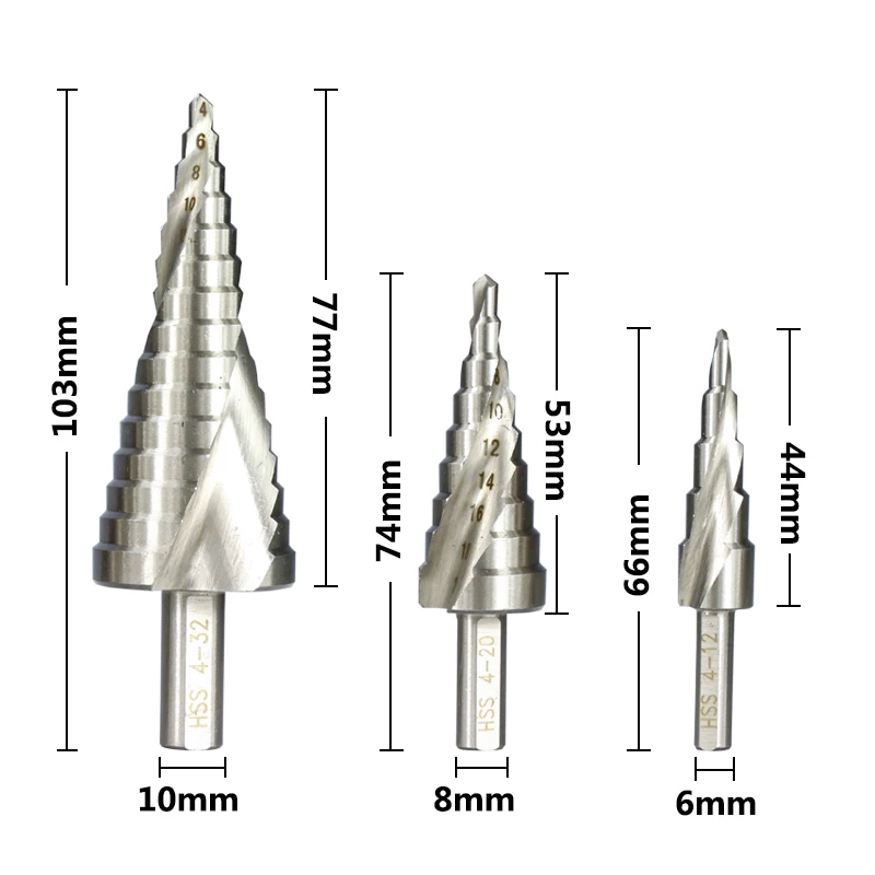 4-12 мм 4-20 мм 4-32 мм спиральный паз конусное сверло треугольный хвостовик Шаг сверло набор HSS Отверстие Резак пагода дрель