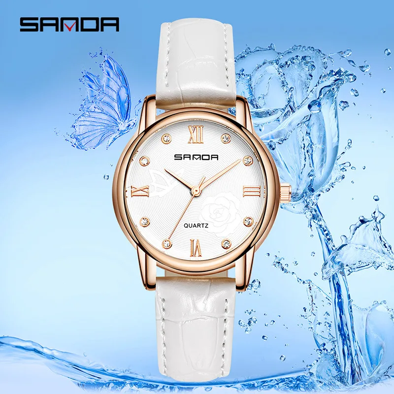 

SANDA New Style Ladies' Watch WOMEN'S Watch Students Fashion Waterproof Quartz Watch Leather Belt Simple Man-made Diamond