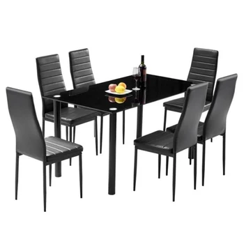 Dining Table Set Simple Round Tube Table Leg Table + 6pcs Elegant Stripping Texture High Backrest Dining Chairs Black[US-Stock] 1