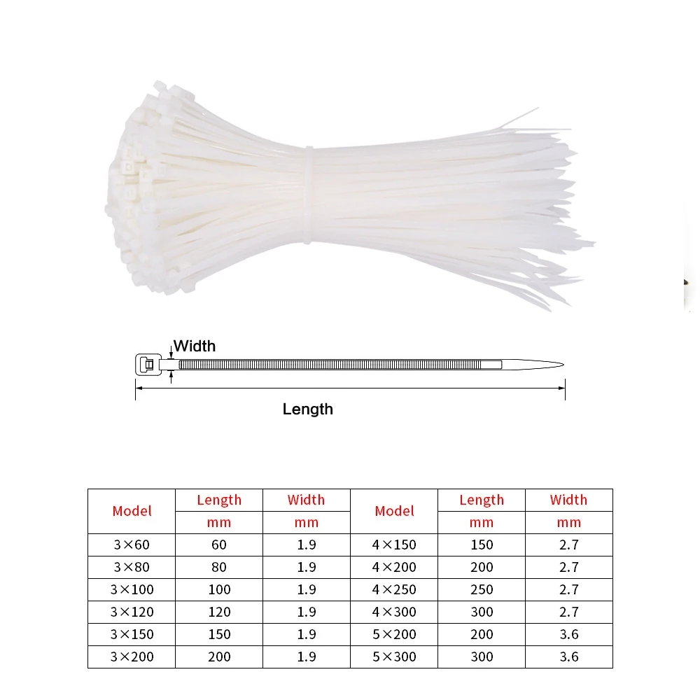 100PCS Nylon Cable Ties 5x300mm 3x200mm Self-Locking Fastening Zip Wraps