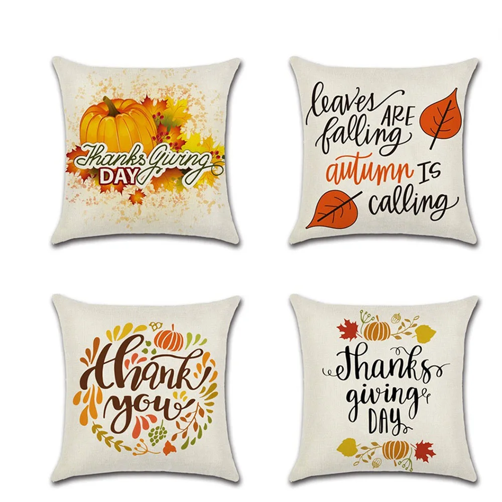 

Thanksgiving Theme Linen Cushion Cover Alphabet Linen Pillow Case Pumpkin Pattern Pillowcase 45*45cm