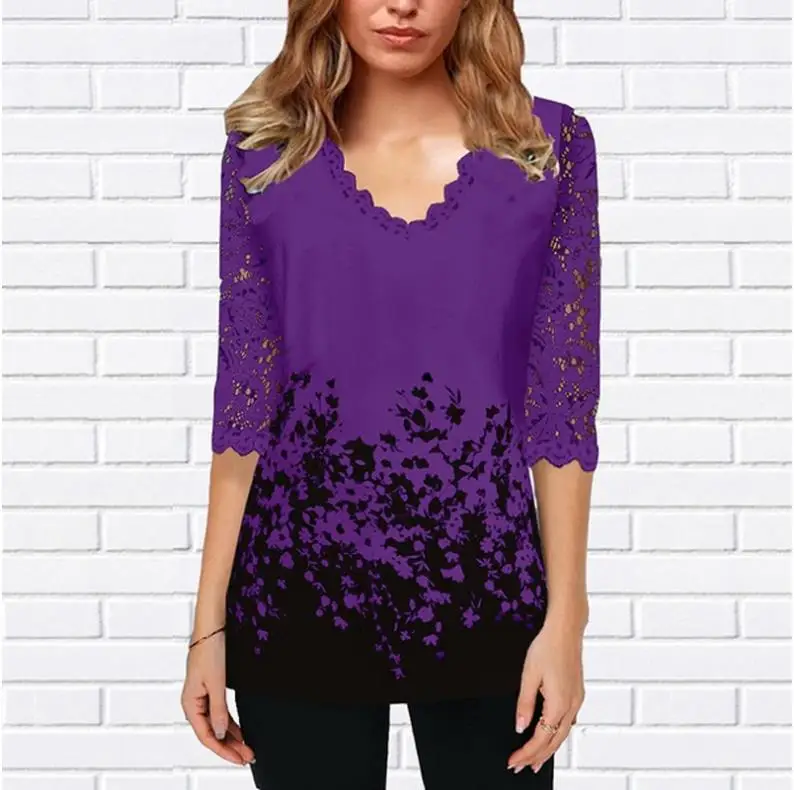 Plus Size 4xl 5XL Shirt Blouse Female 2020 Spring New Tops V-neck Half Sleeve Lace Splice Print Boho Women shirt
