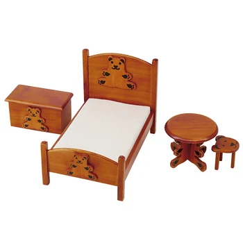 

1pcs delicate 1/12 Dollhouse Miniature Bedroom Sets, Lovely Bear Bed with Mattress, Mini Table Stool Nightstand Set