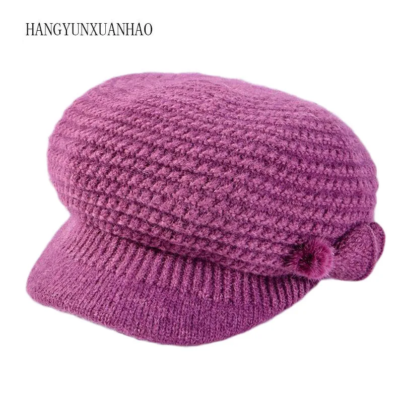 Зимний стиль, женские шапки, вязаный вентилятор, шарик с листиками шапка из кроличьей шерсти, изысканное украшение, шапка, двойная теплая шапка, одноцветная шапка