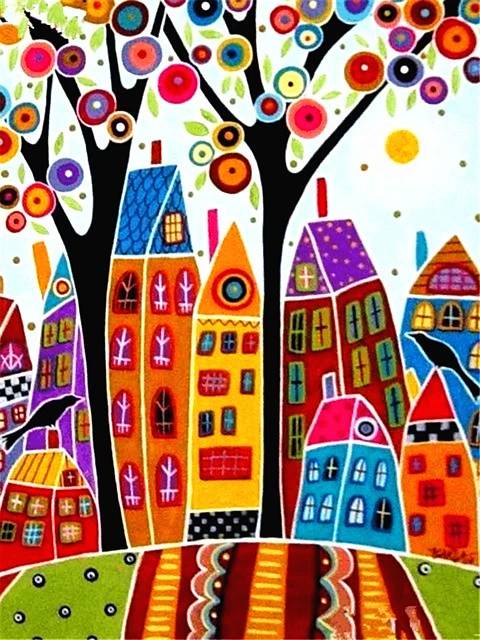 Abstract tall houses with trees painting by numbers