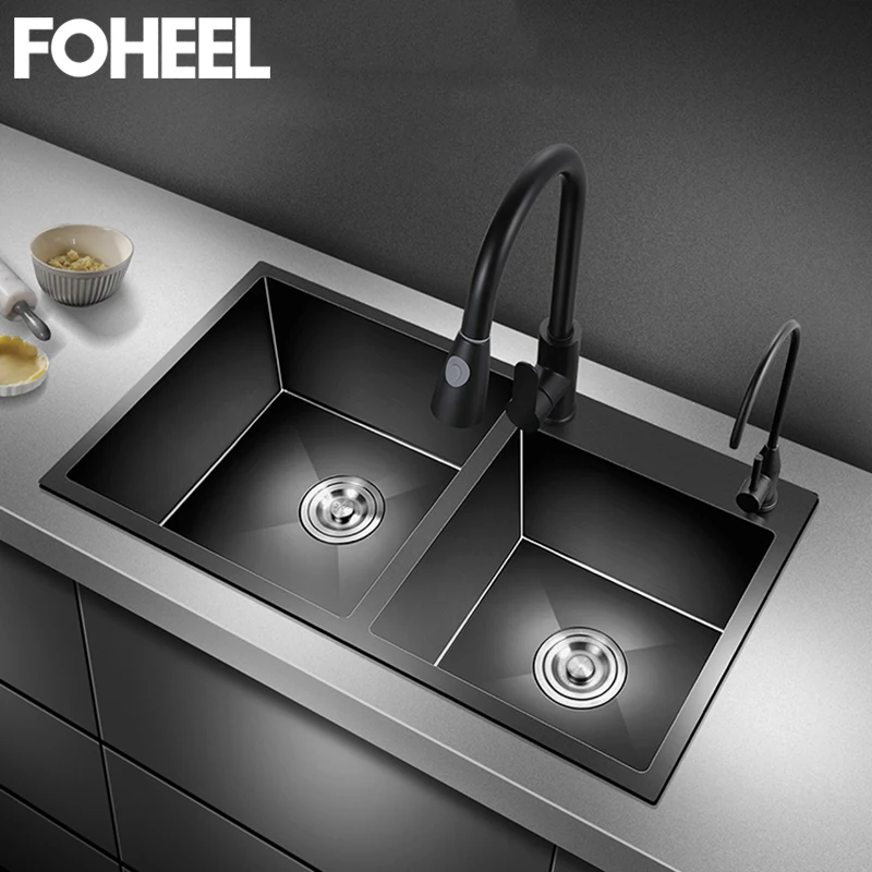 

FOHEEL Black Kitchen Sink Double Bowl Above Black Sink Handmade Brushed Stainless Steel Farmhouse Kitchen Sinks Wastafel FKS10