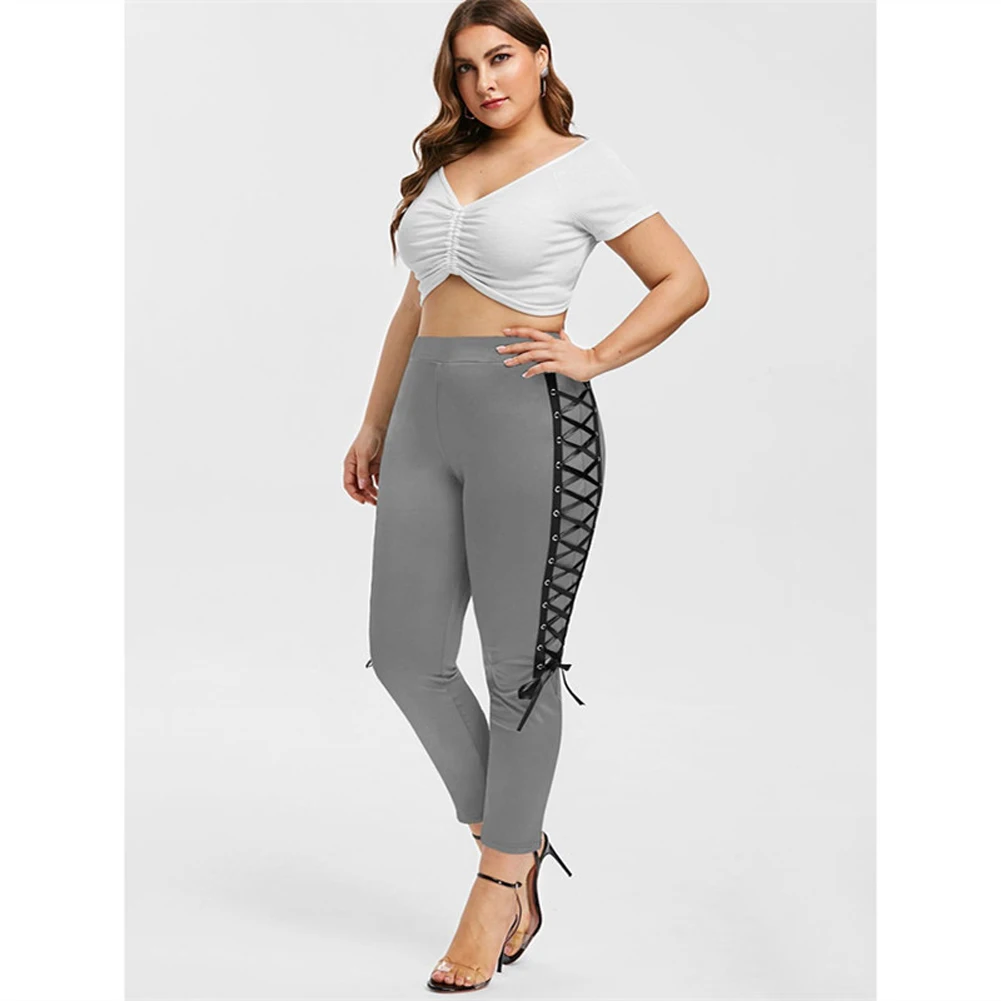 Fashion Women Plus Size Mid Waist Lace Up Leggings Autumn Solid Color Long Casual Legging