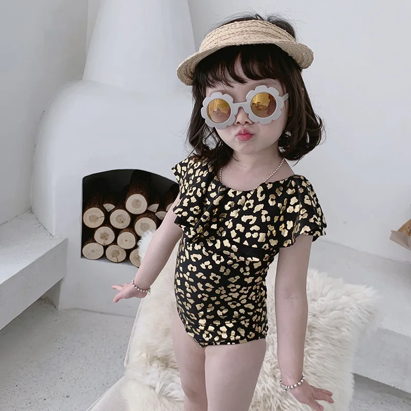 

Bronze Leopord Pattern Fashion GIRL'S One-piece Swimming Suit Children Harness Swimming Cap Tour Bathing Suit Flounced Small Chi