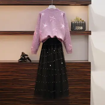 

Elegant Autumn Sweater 2pcs Sets Spring Star Print Knit Pullover Sweater + Beading Mesh Skirt Sweet Knit two piece Set Plus Size
