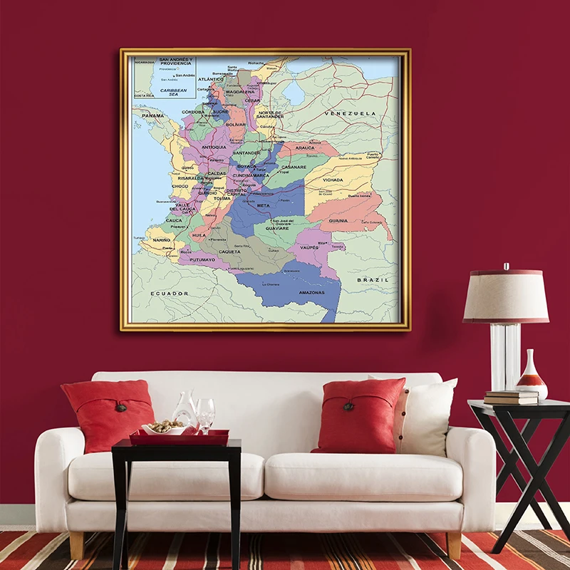 150*150 cm In Spanish Colombia Map with Detailed Provinces Non-woven Canvas Painting Wall Poster Home Decoration Study Supplies
