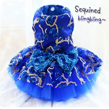 

Free Shipping Handmade Dog Clothes Dog Dress Classic Sapphire Blue Luxurious High Quality Sequined Big Bow Party Queen Pet Skirt