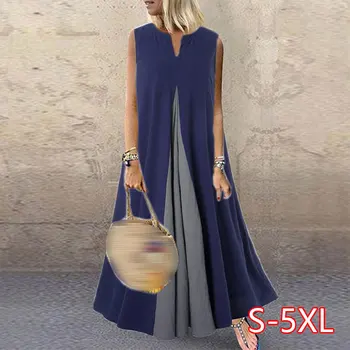 

Plus Size 5XL Summer 2020 Pacthwork Sundress Sleeveless Party Vestidos Women Solid Cotton Long Dress Femme Tunic Robe vestidos