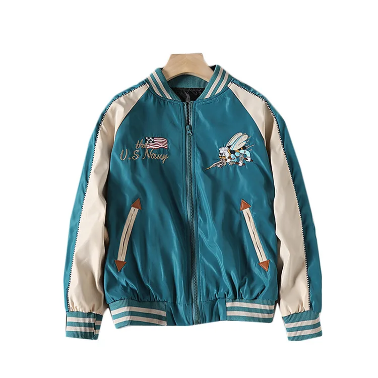 

One's Retro Peacock Blue Vintage Contrast Color Raglan Sleeve Casual Baseball Uniform Jacket Entity