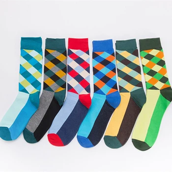 

6 Pairs Casual Men Happy Socks Fashion Design Plaid Striped Classic Colorful Business Cotton Socks
