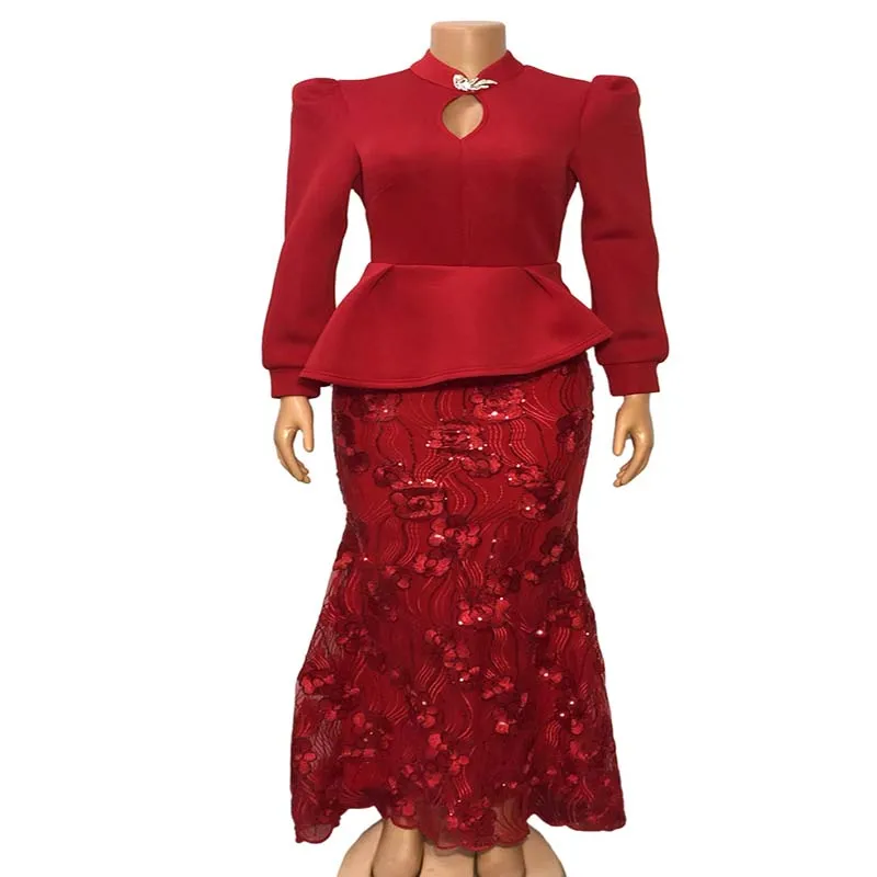 Блёстки вышивка облегающее платье Женская африканская одежда вечернее платье с длинным рукавом оборка в виде рыбьего хвоста длинное платье осень зима - Цвет: Red
