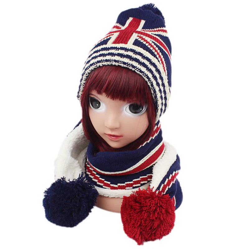 Детский шарф, шапка, перчатки, комплект для мальчиков и девочек, унисекс, модная детская бейсболка с флагом, вязаные шапочки с помпоном, теплая верхняя одежда для детей 1-6 лет, новинка зимы - Цвет: UK Flag