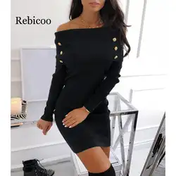Вязаный свитер женский черный сексуальный без бретелек обтягивающее платье осень 2019 квадратный Пояс Мини Халат