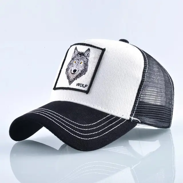 Fashion Animals Embroidery Baseball Caps Men Women Snapback Hip Hop Hat Summer Breathable Mesh Sun Gorras Unisex Streetwear Bone White Wolf