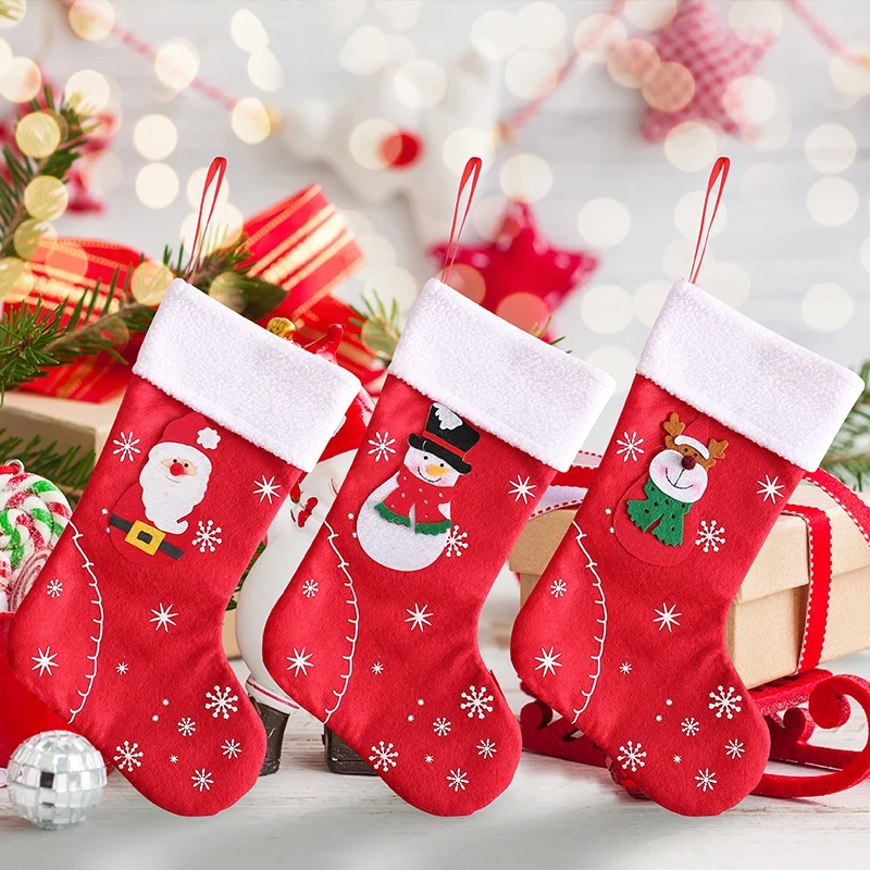 

Christmas Stockings Fabric Santa Claus Sock Gift Kids Candy Bags Navidad Party Decor Snowman Pocket Hanging Xmas Tree Ornaments
