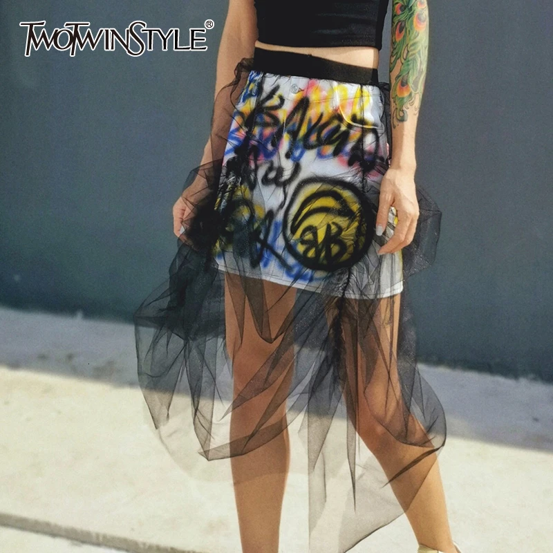 

TWOTWINSTYLE Patchwork Mesh Skirts For Female High Waist Print Letters Ruched Asymmetrical Skirt Women Fashion 2020 Clothing New