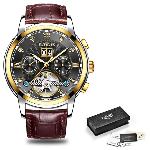 LIGE оригинальные часы для мужчин автоматические механические часы с турбийоном Роскошные модные спортивные часы из нержавеющей стали для мужчин s Relogio Masculino - Цвет: L gold black