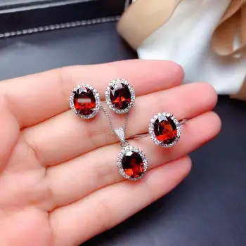 

Natural real red garnet jewelry set 1pc ring 1pc pendant 1pair stud earring 925 sterling silver Fine jewelry