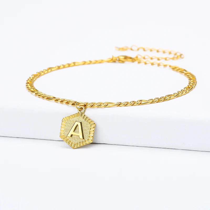 Silver Anklet Bracelet Ankle Chains Cubic Zirconia Anklet Beads Anklet Dainty A-Z letter Anklet Hexagon Shaped Initial Ankle Bracelet Stainless Steel Feet Jewelry Leg Chain Women Men Gifts