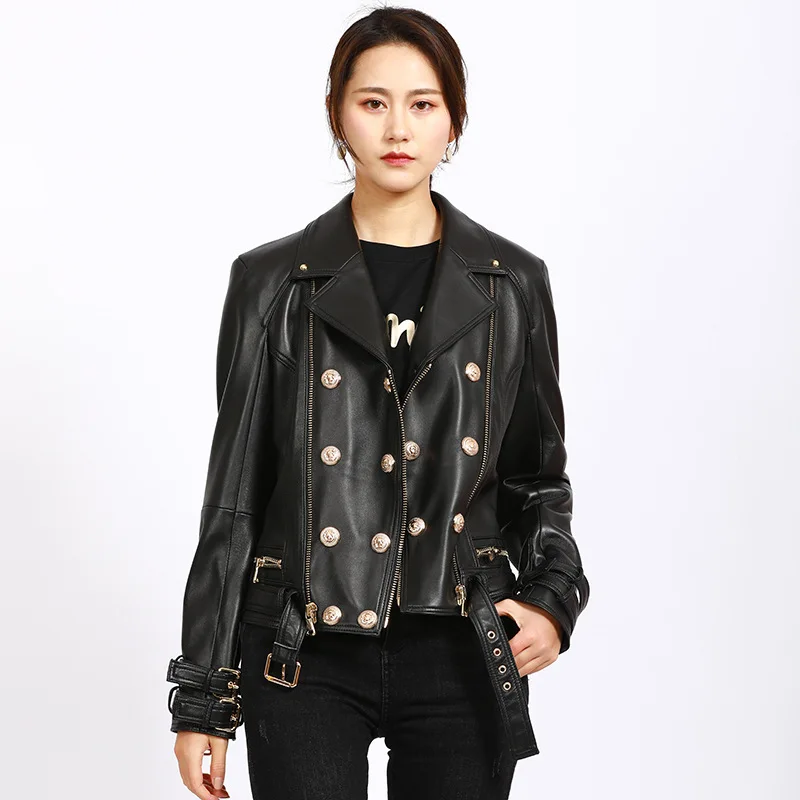 

Spring Female Genuine Leather New Sheep Lapel Slim Hundreds Coat Female
