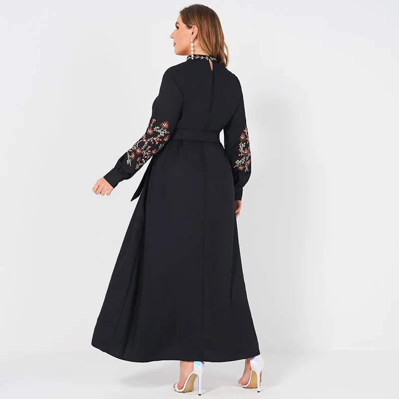 Ladies Fashion Resort Small Stand Collar Floral Embroidery Long Sleeve Loose Belt Sweet Elegant Woman Black Party Maxi Dress 4XL