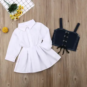 

Newborn Baby Girls Long Sleeve Solid Button Shirt Dress + Sling Bandage Denim Vest Sunsuit Clothes