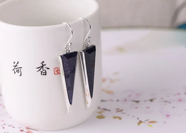 FNJ Earrings 925 Silver Original Pure S925 Sterling Silver Drop Earring for Women Jewelry Long triangle Red Black Zircon Green