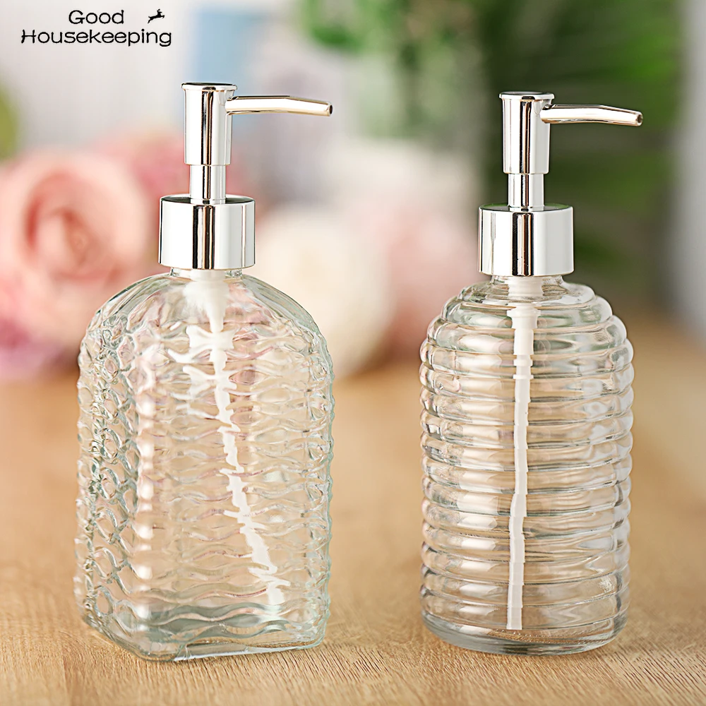 Dispensador de jabón líquido a presión, accesorio Vintage de vidrio de gran capacidad antideslizante, Color blanco y plateado, 450ml