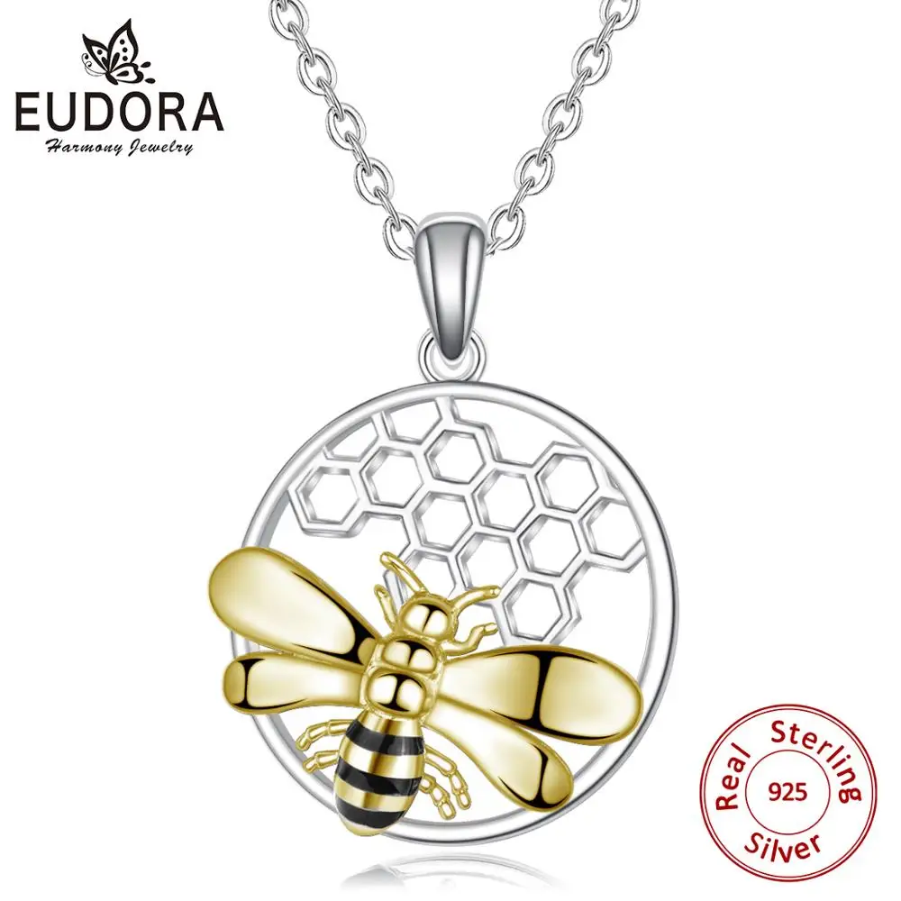 

Eudora New Arrival 925 Sterling Silver Insect Bee Honeycomb Dangle Pendant Necklace for Women Silver Jewelry with Gift box D511