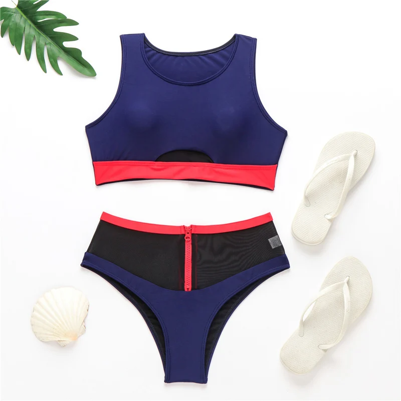 

High Waist Bikini 2019 Sexy Swimwear Women Swimsuit Female Zipper Mesh Patchwork Brazilian Bikini Set Biquini Bathing Suit