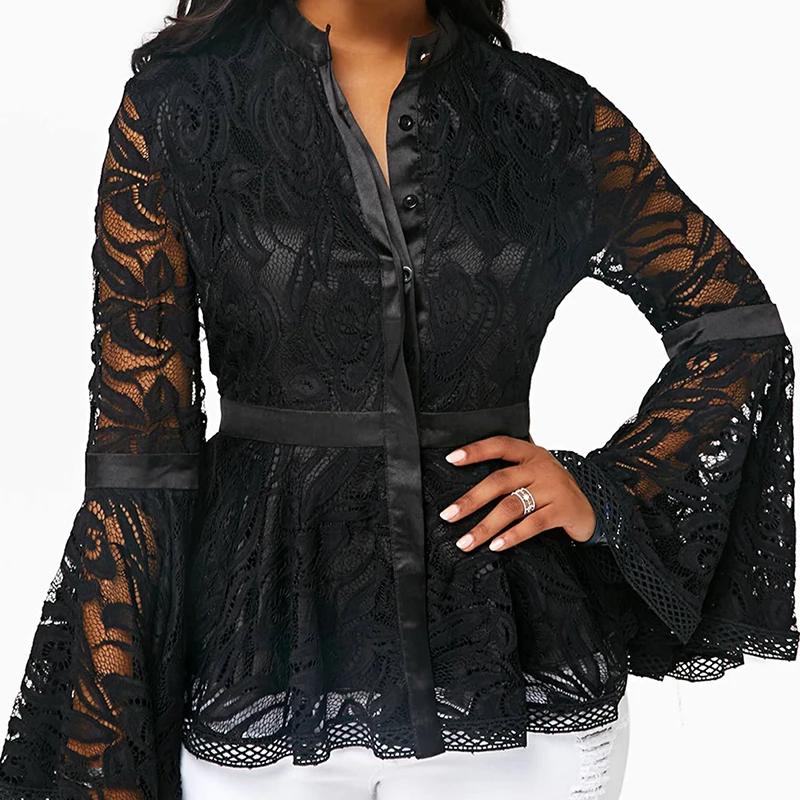 Women Lace Sexy Hollow Out Flared Sleeve Blouses Lady Black Patchwork Print Shirts Blusas Mujer De Moda