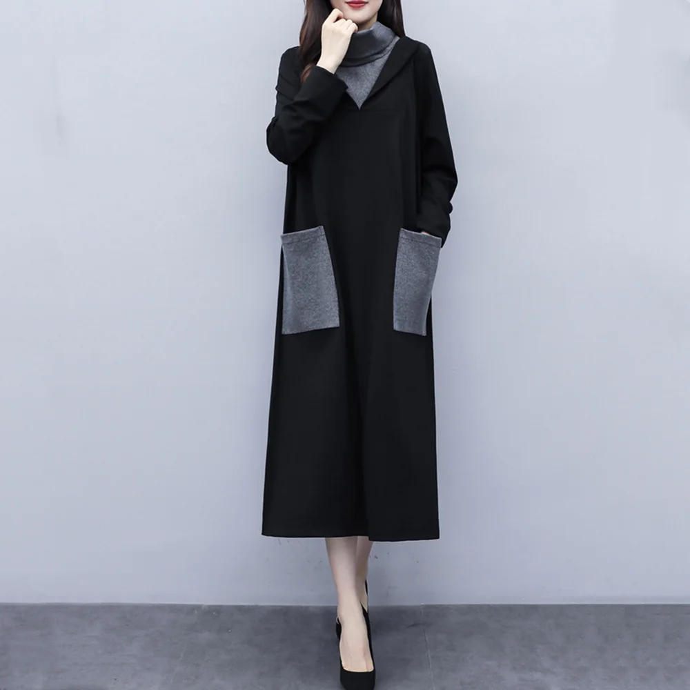 Women Loose Hoodies Dresses Maxi Autumn Winter Dress Turtleneck Pocket Female Robe Femme Plus Size Patchwork New for | Женская одежда