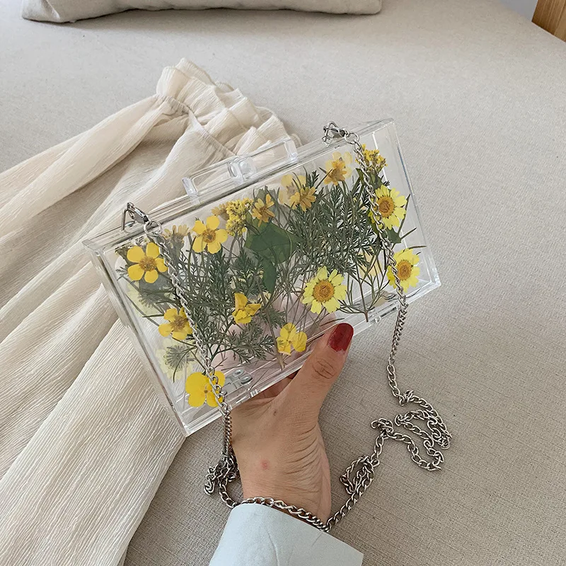 New summer small fresh transparent square bag fashion wild messenger flower print texture chain shoulder handbag | Багаж и сумки