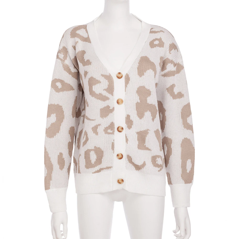 

Long Sleeve Autumn Fashion Leopard Print Cotton Blend Loose Knitted Casual Soft Daily Women Cardigan Sweater Warm Crew Neck