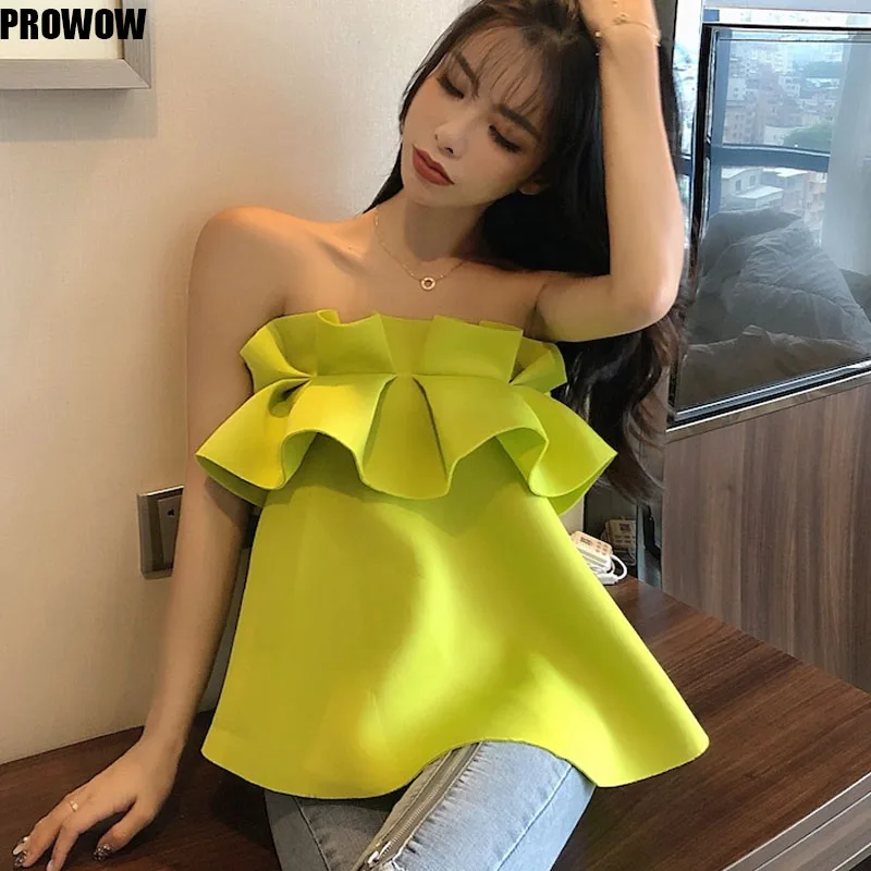 

2020 Sexy Sleeveless Strapless Women Blusas Tops Summer Ruffles Sweet Shirt Korean New Beach Seaside Holiday Tops